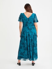 Scarlett & Jo Blue Isabelle Chinoise Flock Angel Sleeve Maxi Dress - Image 2 of 4