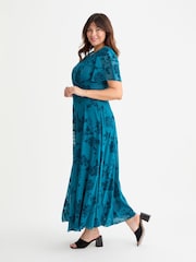Scarlett & Jo Blue Isabelle Chinoise Flock Angel Sleeve Maxi Dress - Image 3 of 4
