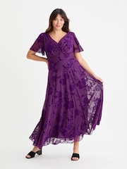 Scarlett & Jo Purple Isabelle Chinoise Flock Angel Sleeve Maxi Dress - Image 1 of 4