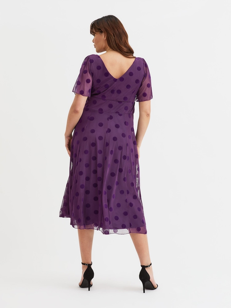 Scarlett & Jo Purple Victoria Flock Spot Angel Sleeve Mesh Midi long Dress - Image 2 of 7 Scarlett & Jo Purple Victoria Flock Spot Angel Sleeve Mesh Midi long Dress - Image 2 of 7