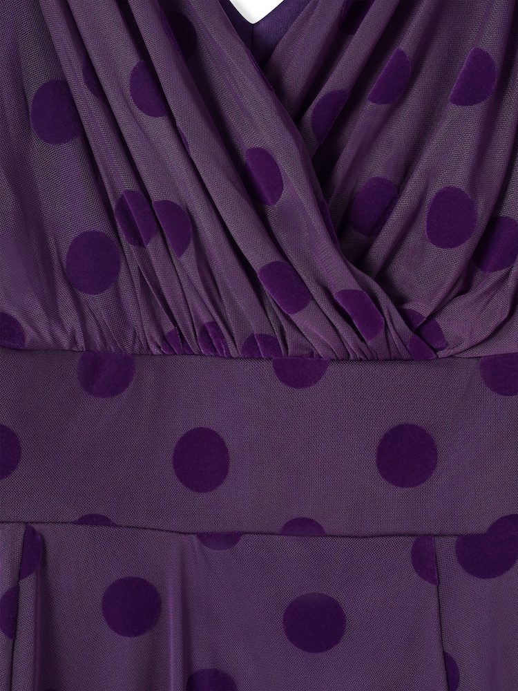 Scarlett & Jo Purple Victoria Flock Spot Angel Sleeve Mesh Midi long Dress - Image 7 of 7 Scarlett & Jo Purple Victoria Flock Spot Angel Sleeve Mesh Midi long Dress - Image 7 of 7