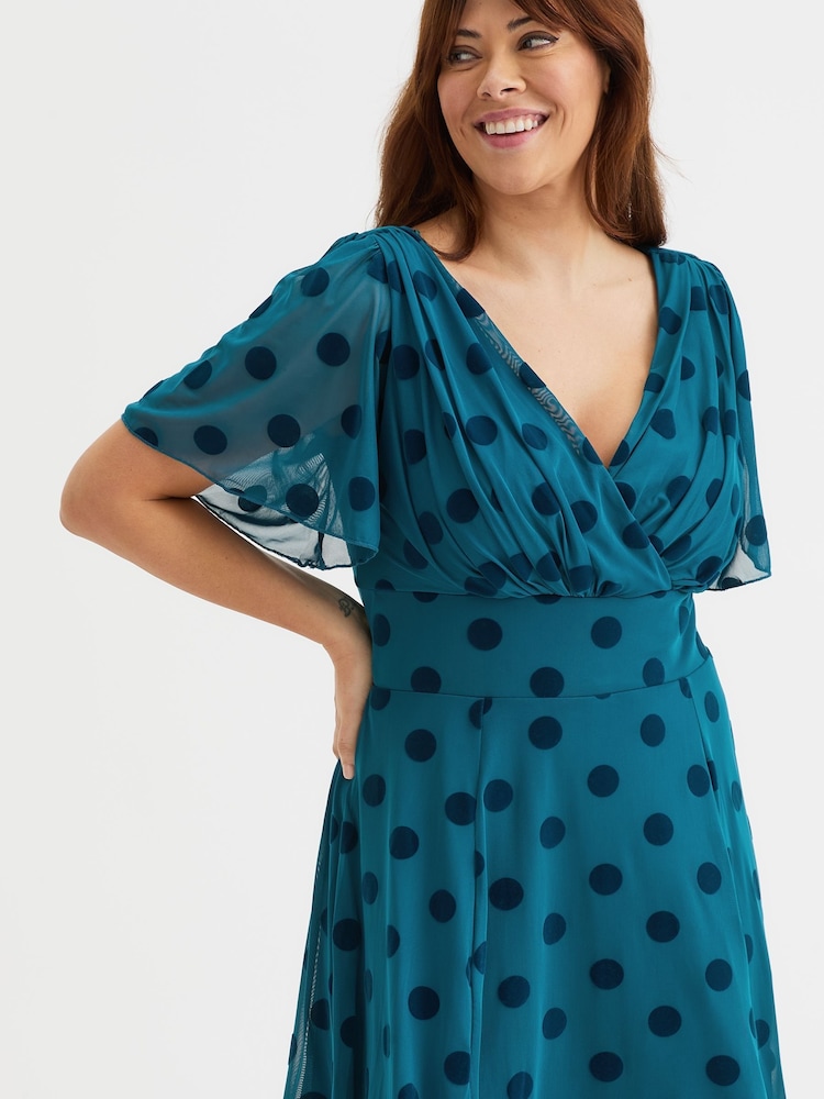 Scarlett & Jo Light Blue Victoria Flock Spot Angel Sleeve Mesh Midi long Dress - Image 3 of 7