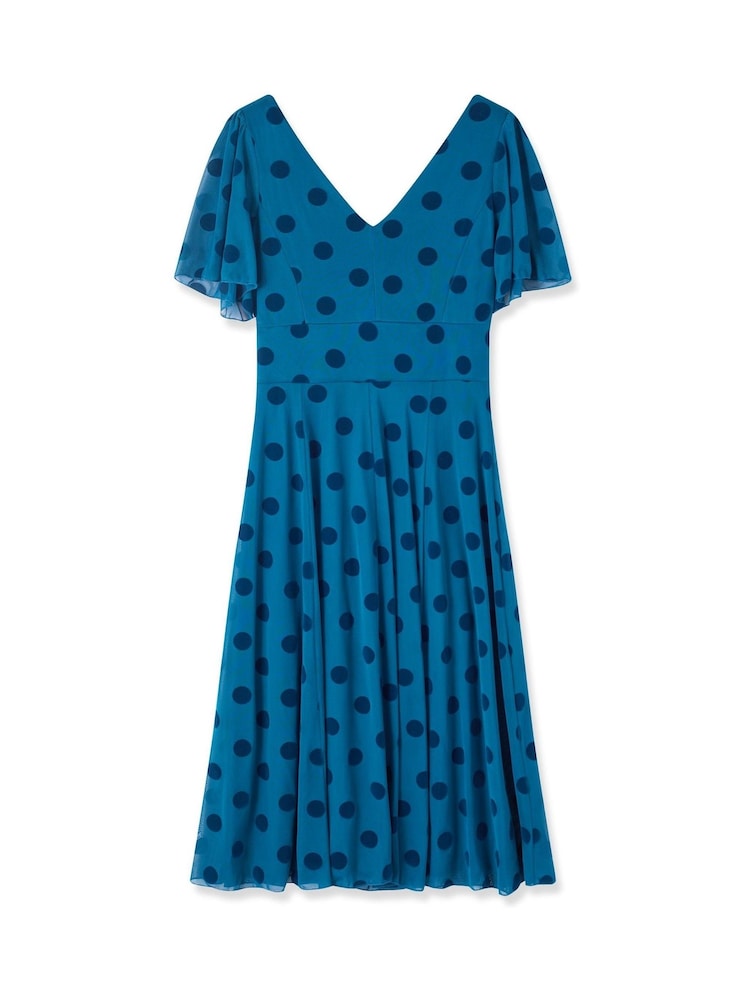 Scarlett & Jo Light Blue Victoria Flock Spot Angel Sleeve Mesh Midi long Dress - Image 6 of 7