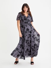 Scarlett & Jo Grey Isabelle Chinoise Flock Angel Sleeve Maxi Dress - Image 1 of 4