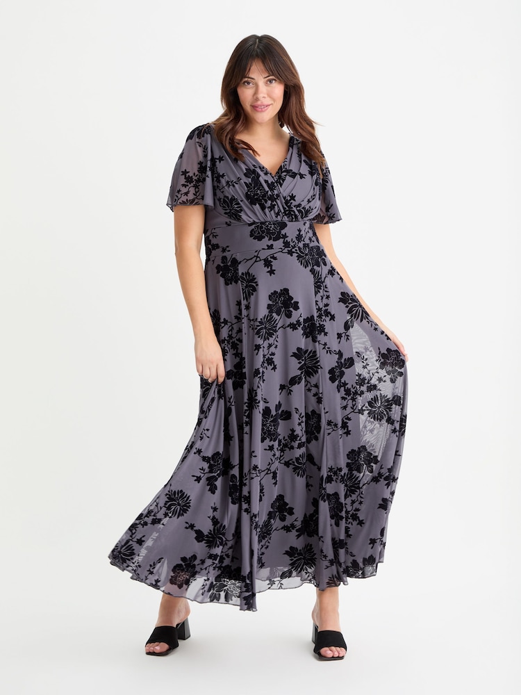 Scarlett & Jo Grey Isabelle Chinoise Flock Angel Sleeve Maxi Dress - Image 1 of 4