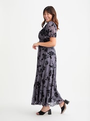 Scarlett & Jo Grey Isabelle Chinoise Flock Angel Sleeve Maxi Dress - Image 2 of 4