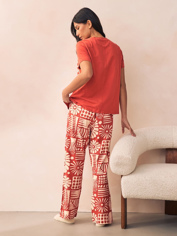 Rust Brown Abstract 100% Cotton Short Sleeve Pyjamas - Image 3 of 9