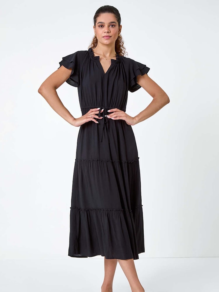 Roman Black Plain Frill Detail Tiered Midi Dress - Image 1 of 5