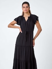 Roman Black Plain Frill Detail Tiered Midi Dress - Image 2 of 5