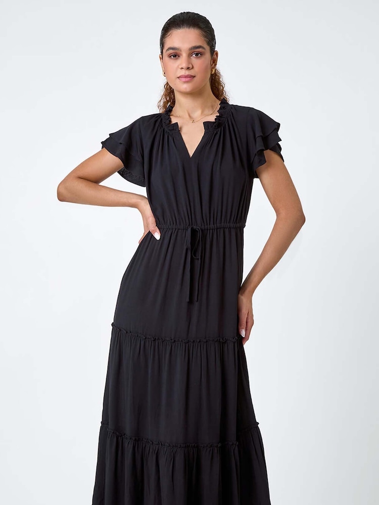 Roman Black Plain Frill Detail Tiered Midi Dress - Image 2 of 5