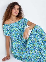Roman Blue Lace Up Detail Floral Bardot Dress - Image 1 of 5