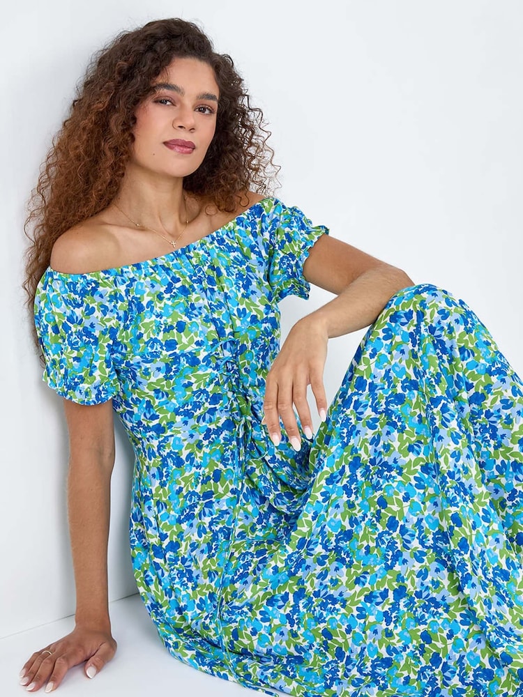 Roman Blue Lace Up Detail Floral Bardot Dress - Image 1 of 5