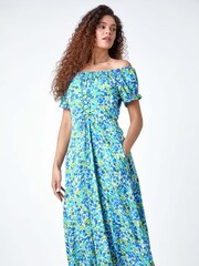 Roman Blue Lace Up Detail Floral Bardot Dress - Image 2 of 5