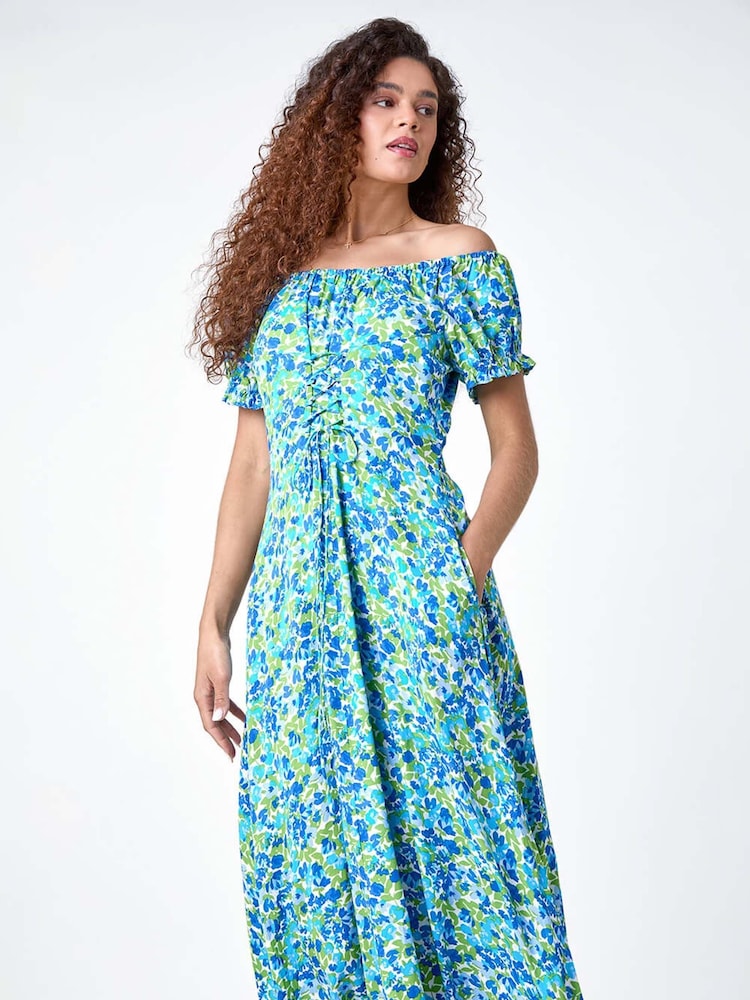 Roman Blue Lace Up Detail Floral Bardot Dress - Image 2 of 5