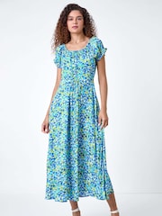 Roman Blue Lace Up Detail Floral Bardot Dress - Image 4 of 5