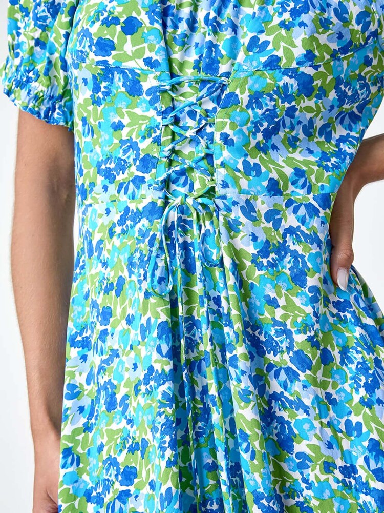 Roman Blue Lace Up Detail Floral Bardot Dress - Image 5 of 5