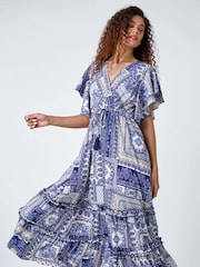 Roman Blue Patchwork Print Tiered Wrap Maxi Dress - Image 2 of 5