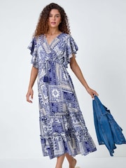 Roman Blue Patchwork Print Tiered Wrap Maxi Dress - Image 3 of 5