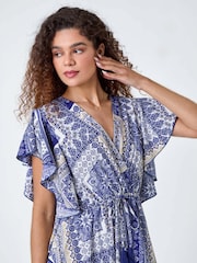 Roman Blue Patchwork Print Tiered Wrap Maxi Dress - Image 4 of 5