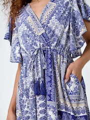 Roman Blue Patchwork Print Tiered Wrap Maxi Dress - Image 5 of 5