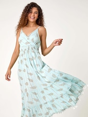 Roman Blue Metallic Leaf Print Shirred Maxi Dress - Image 2 of 5