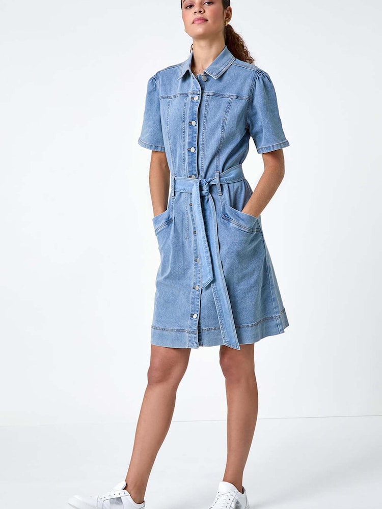 Roman Blue Denim Tie Waist Pocket Shirt Dress - Image 2 of 5