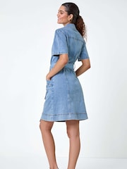 Roman Blue Denim Tie Waist Pocket Shirt Dress - Image 3 of 5