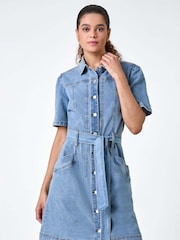Roman Blue Denim Tie Waist Pocket Shirt Dress - Image 4 of 5