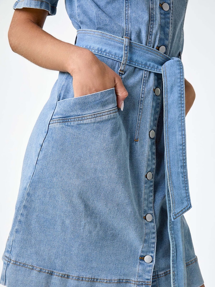 Roman Blue Denim Tie Waist Pocket Shirt Dress - Image 5 of 5 Roman Blue Denim Tie Waist Pocket Shirt Dress - Image 5 of 5