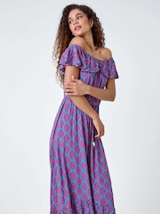 Roman Blue Geometric Print Frill Bardot Midi Dress - Image 1 of 5