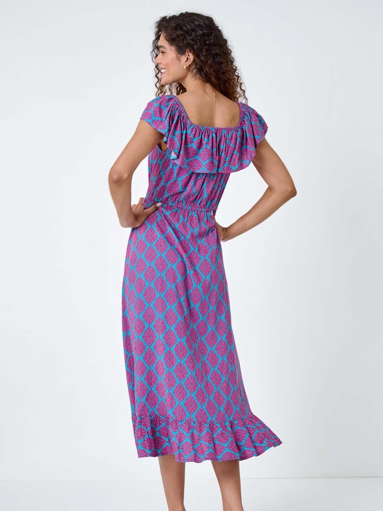 Roman Blue Geometric Print Frill Bardot Midi Dress - Image 2 of 5