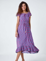 Roman Blue Geometric Print Frill Bardot Midi Dress - Image 3 of 5