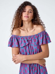 Roman Blue Geometric Print Frill Bardot Midi Dress - Image 4 of 5