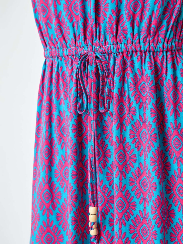Roman Blue Geometric Print Frill Bardot Midi Dress - Image 5 of 5
