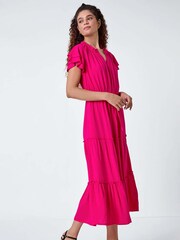 Roman Pink Plain Frill Detail Tiered Midi Dress - Image 1 of 5