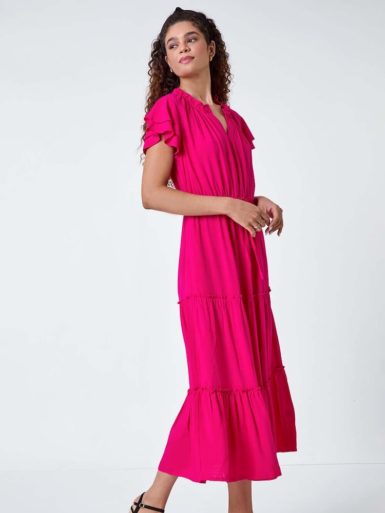 Roman Pink Plain Frill Detail Tiered Midi Dress - Image 1 of 5