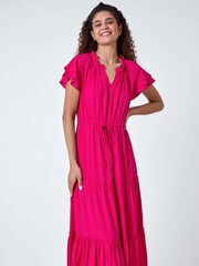 Roman Pink Plain Frill Detail Tiered Midi Dress - Image 2 of 5
