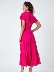 Roman Pink Plain Frill Detail Tiered Midi Dress - Image 3 of 5