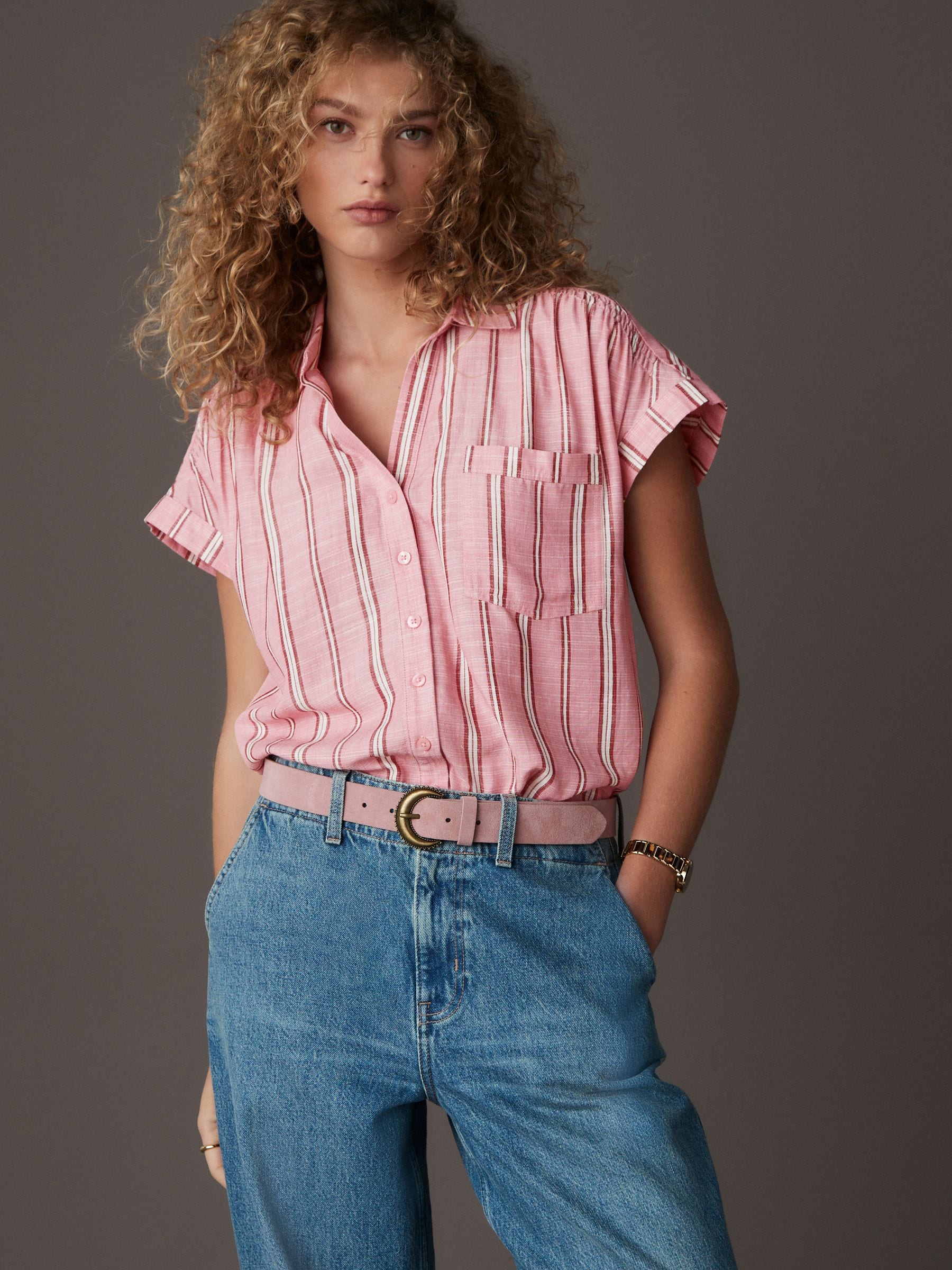 Buy Pink Stripe Short Sleeve Shirt with Linen from Next USA
