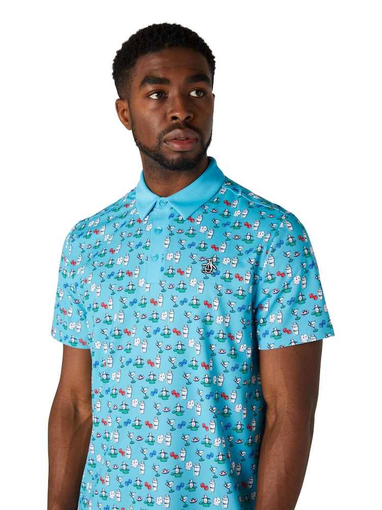 Original Penguin Golf Blue Cocktail and Cards Novelty Print Polo Shirt - Image 3 of 5