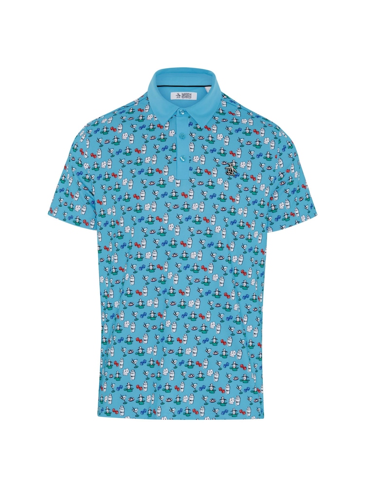 Original Penguin Golf Blue Cocktail and Cards Novelty Print Polo Shirt - Image 4 of 5