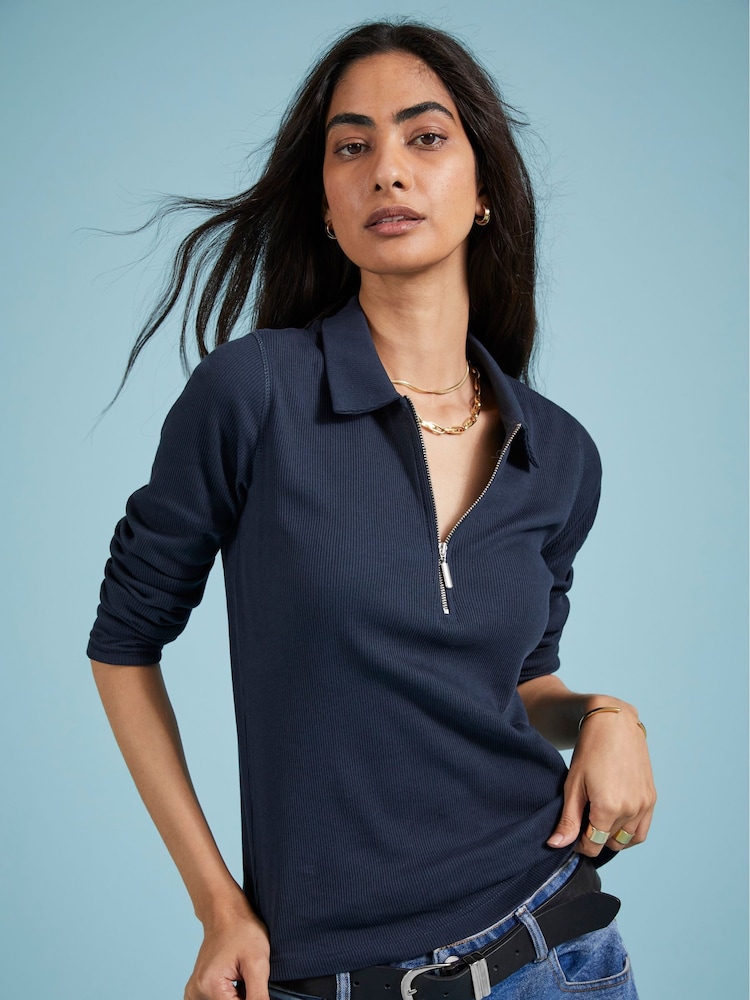 Baukjen Blue 100% Cotton Zip Collar Top - Image 1 of 4