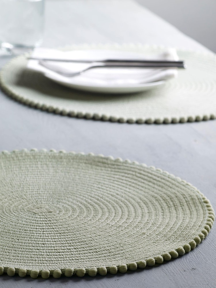 Set of 4 Sage Green Pom Pom Placemats - Image 3 of 4