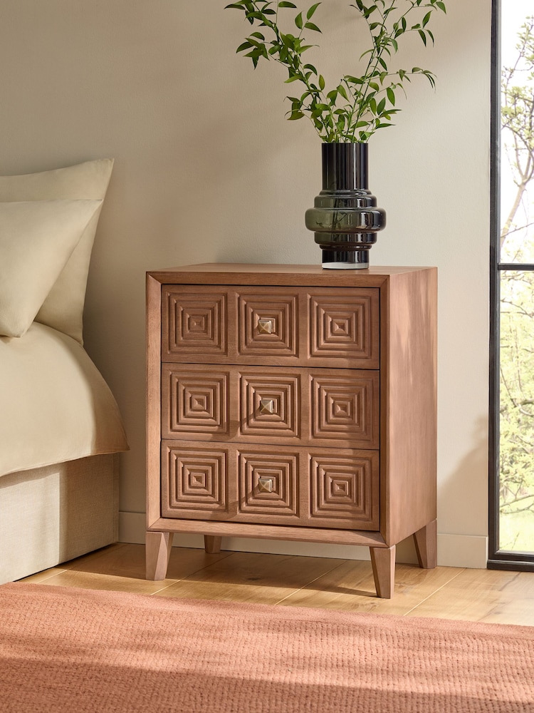 Brown Thalia Solid Mango Wood 3 Drawer Wide Bedside Table - Image 2 of 9