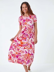 Roman Pink Petite Paisley Print Midi Stretch Dress - Image 1 of 5