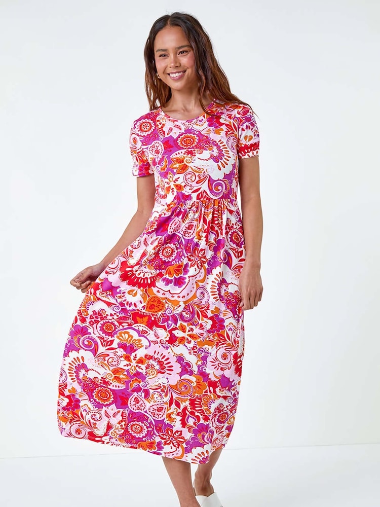 Roman Pink Petite Paisley Print Midi Stretch Dress - Image 1 of 5