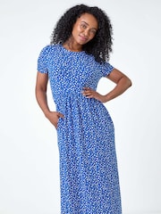 Roman Blue Petite Spot Print Stretch Midi Dress - Image 1 of 5