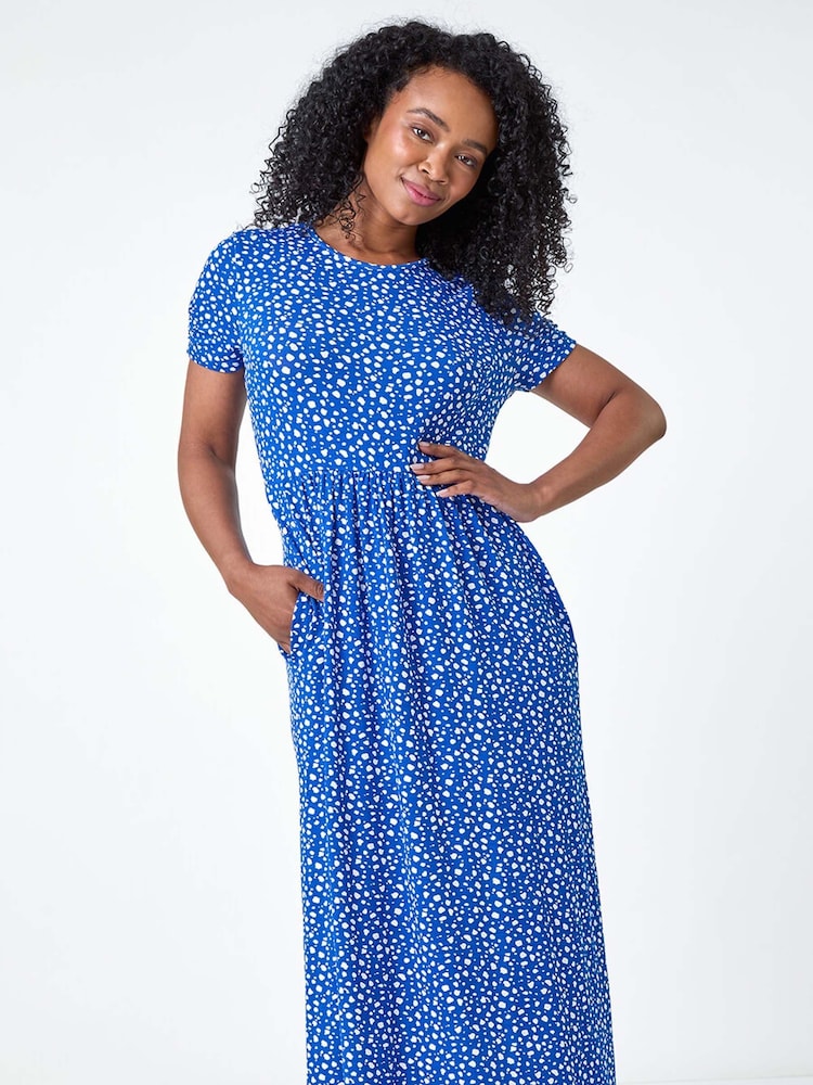Roman Blue Petite Spot Print Stretch Midi Dress - Image 1 of 5