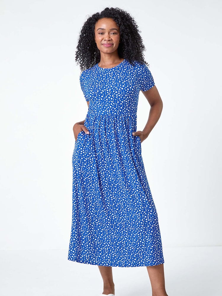 Roman Blue Petite Spot Print Stretch Midi Dress - Image 2 of 5