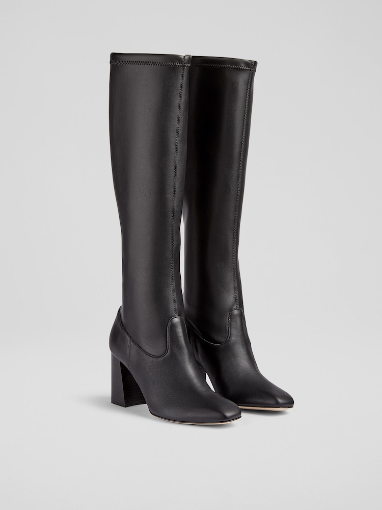 LK Bennett Carter High Block Stretch Knee Black Boots - Image 2 of 4